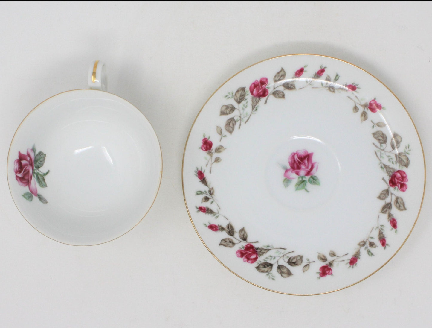 Teacup and Saucer, Diamond China, Moss Rose, Vintage Japan