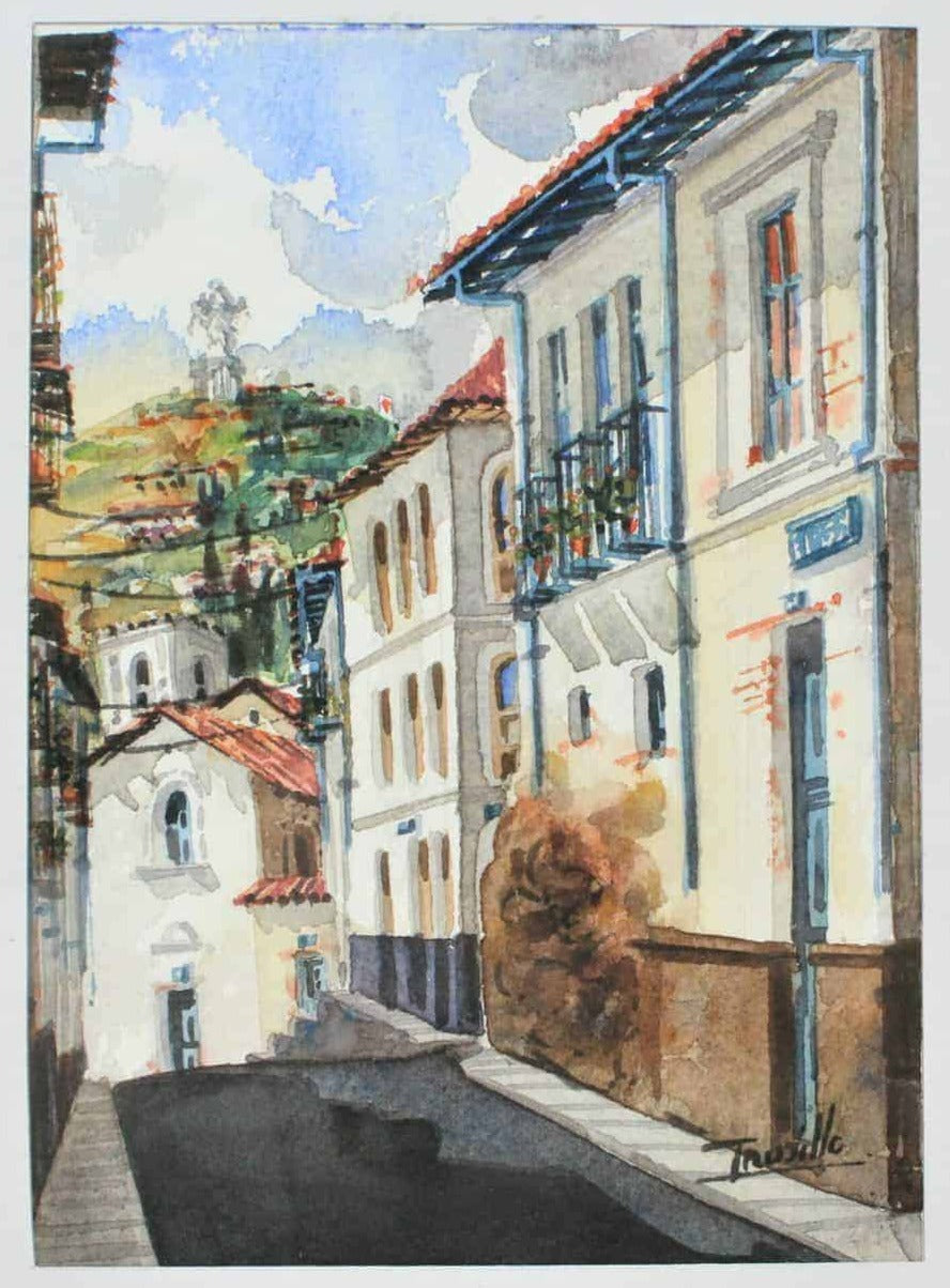Painting Watercolor, Trujillo, Old Town #4, Signed by Artist, Framed, Vintage