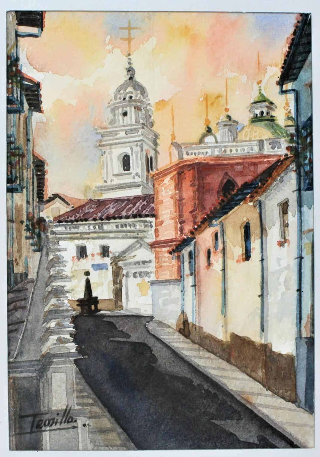 Painting Watercolor, Trujillo, Old Town #3, Signed by Artist, Framed, Vintage