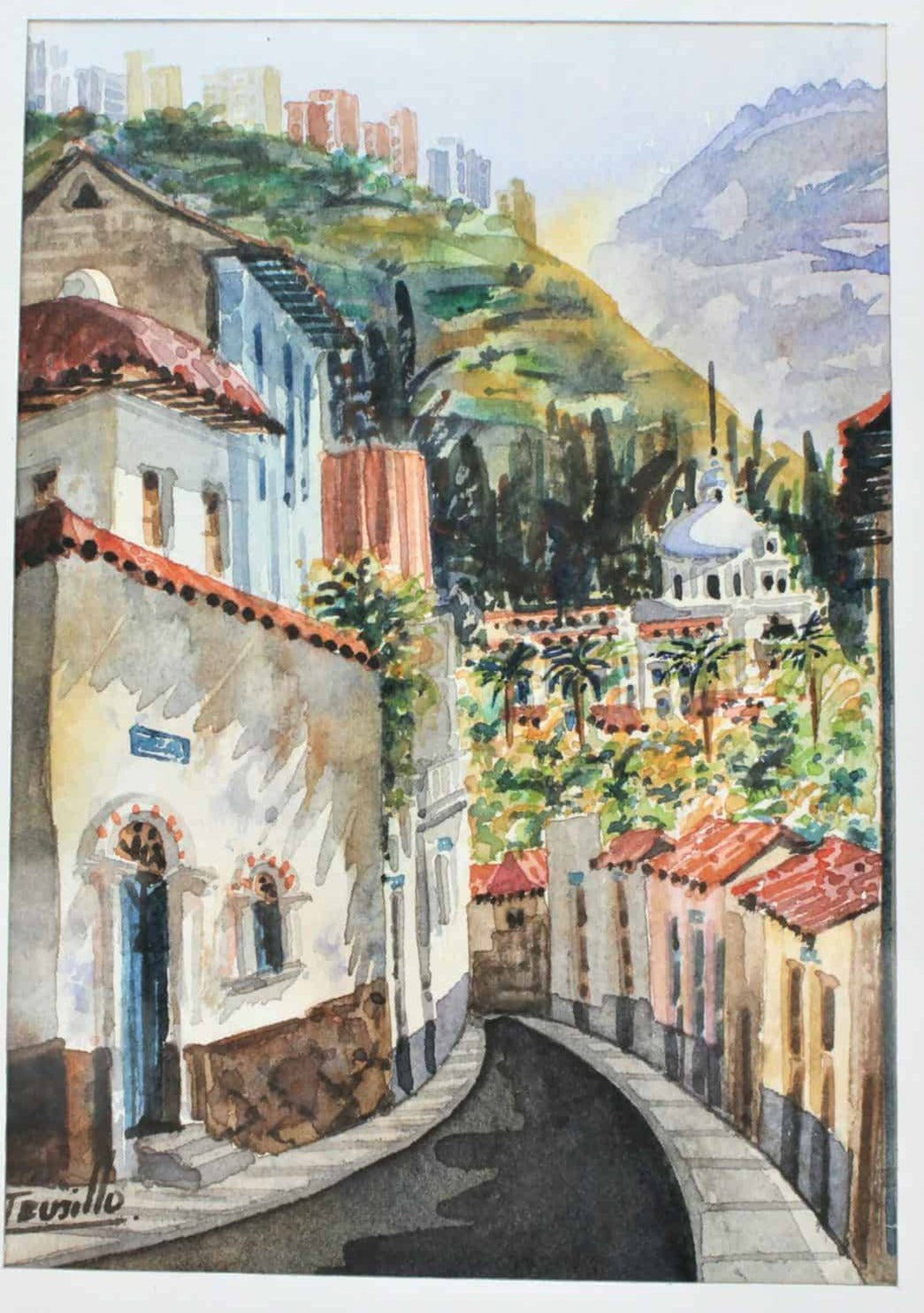 Painting Watercolor, Trujillo, Old Town #1, Signed by Artist, Framed, Vintage