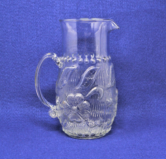 Pitcher, Antique EAPG, Three Mold Blown Glass, Floral and Ribs, USA