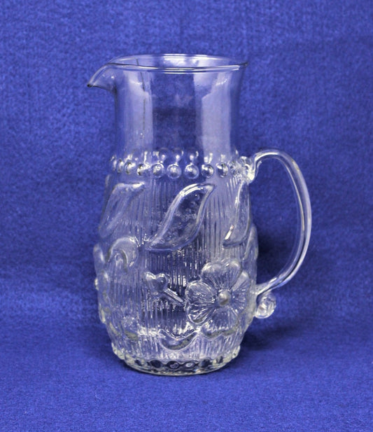 Pitcher, Antique EAPG, Three Mold Blown Glass, Floral and Ribs, USA