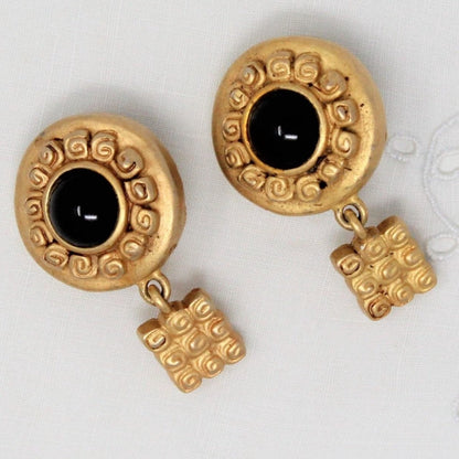 Earrings, Venue, Black Stones on Gold-Tone, Aztec / Mayan Style, Clips, Vintage