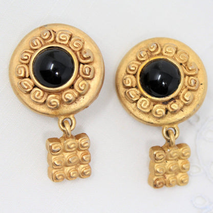 Earrings, Venue, Black Stones on Gold-Tone, Aztec / Mayan Style, Clips, Vintage