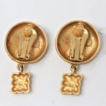 Earrings, Venue, Black Stones on Gold-Tone, Aztec / Mayan Style, Clips, Vintage