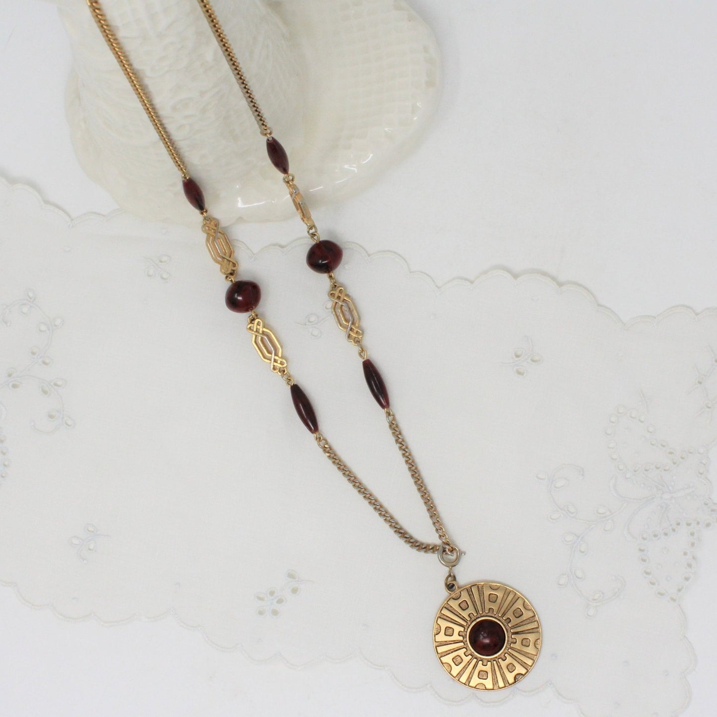 Pendant Necklace, Sarah Coventry, Safari / Aztec Medallion, Cabochon,  29", Vintage