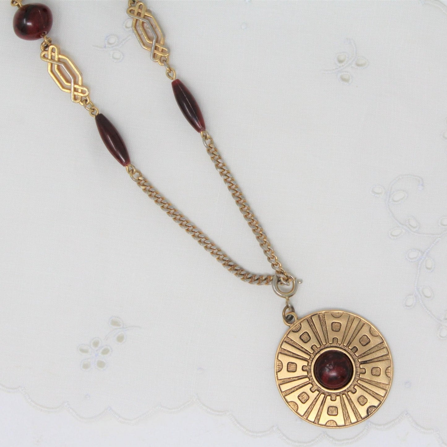 Pendant Necklace, Sarah Coventry, Safari / Aztec Medallion, Cabochon,  29", Vintage