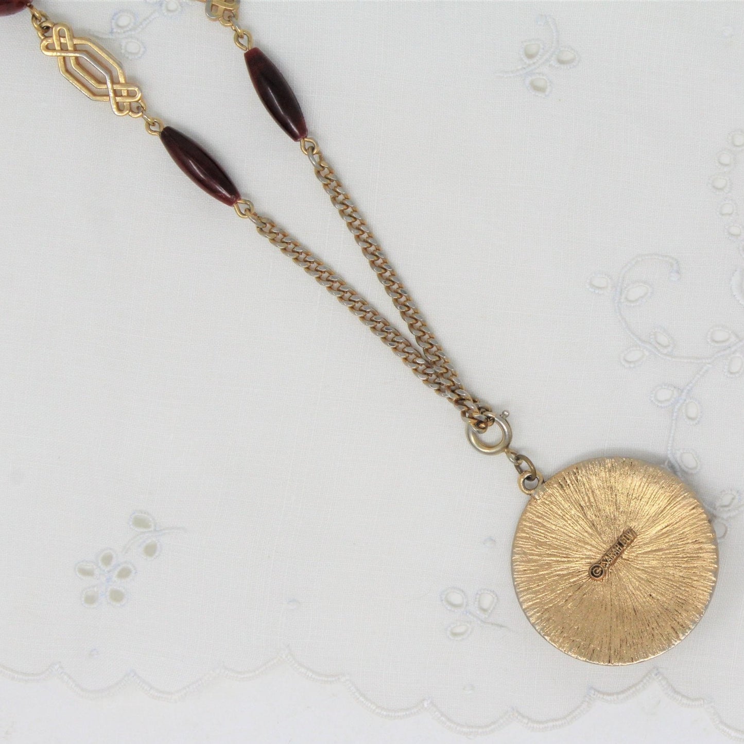 Pendant Necklace, Sarah Coventry, Safari / Aztec Medallion, Cabochon,  29", Vintage