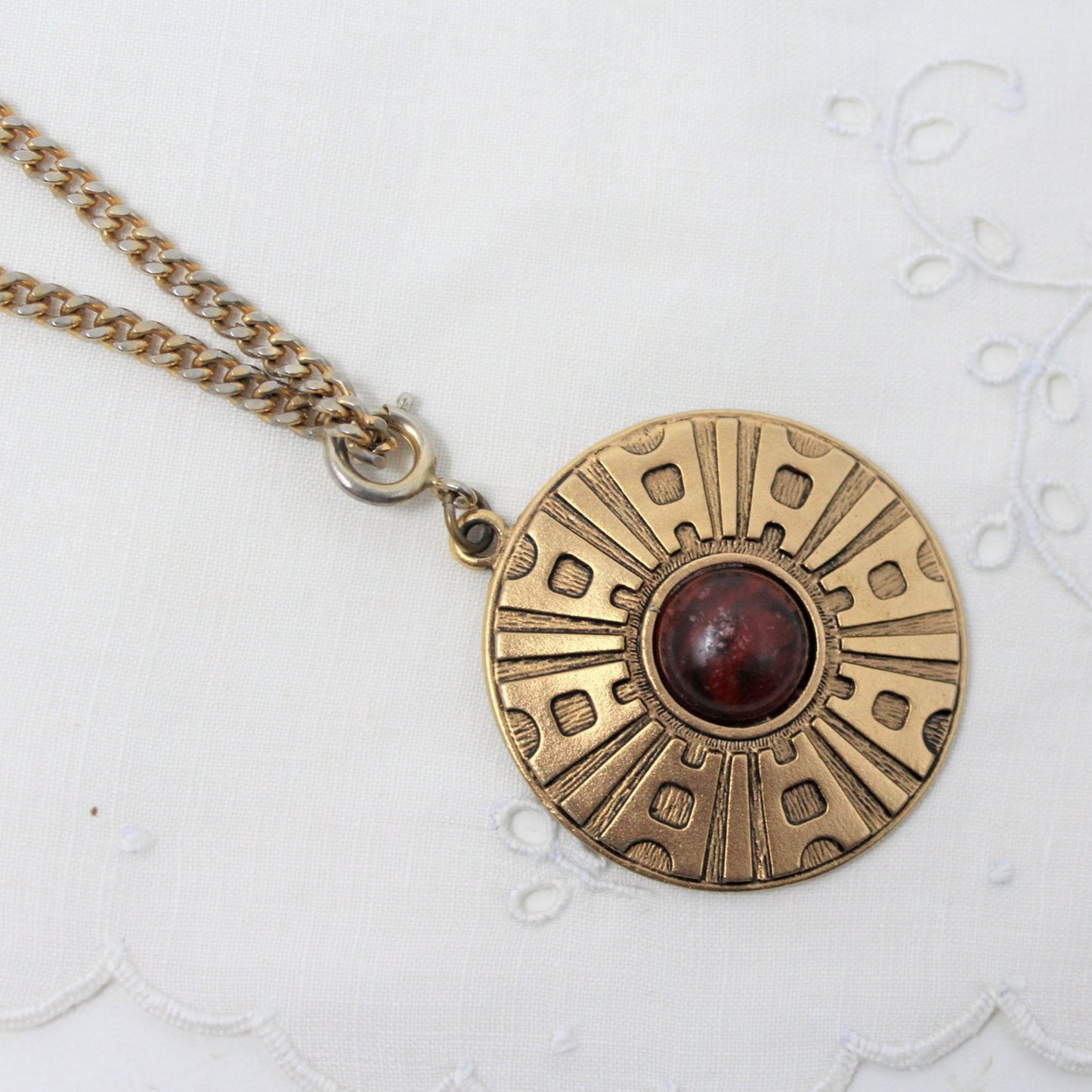 Pendant Necklace, Sarah Coventry, Safari / Aztec Medallion, Cabochon,  29", Vintage