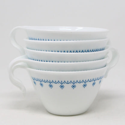 Coffee Cups, Corelle, Corning Blue Snowflake, Hook Handle, Set of 5, Vintage