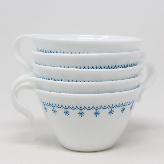Coffee Cups, Corelle, Corning Blue Snowflake, Hook Handle, Set of 5, Vintage