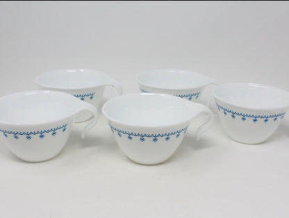 Coffee Cups, Corelle, Corning Blue Snowflake, Hook Handle, Set of 5, Vintage