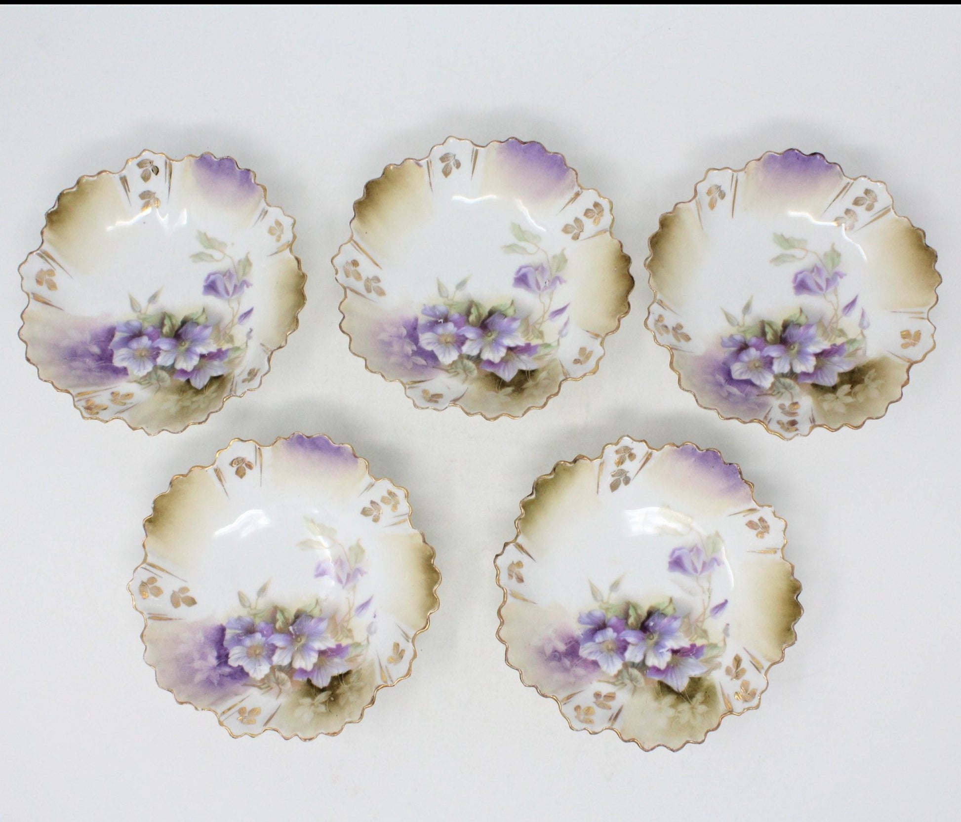 Beautiful purple flower fruit bowls, set of 5.  Antique from Germany