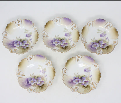 Beautiful purple flower fruit bowls, set of 5.  Antique from Germany
