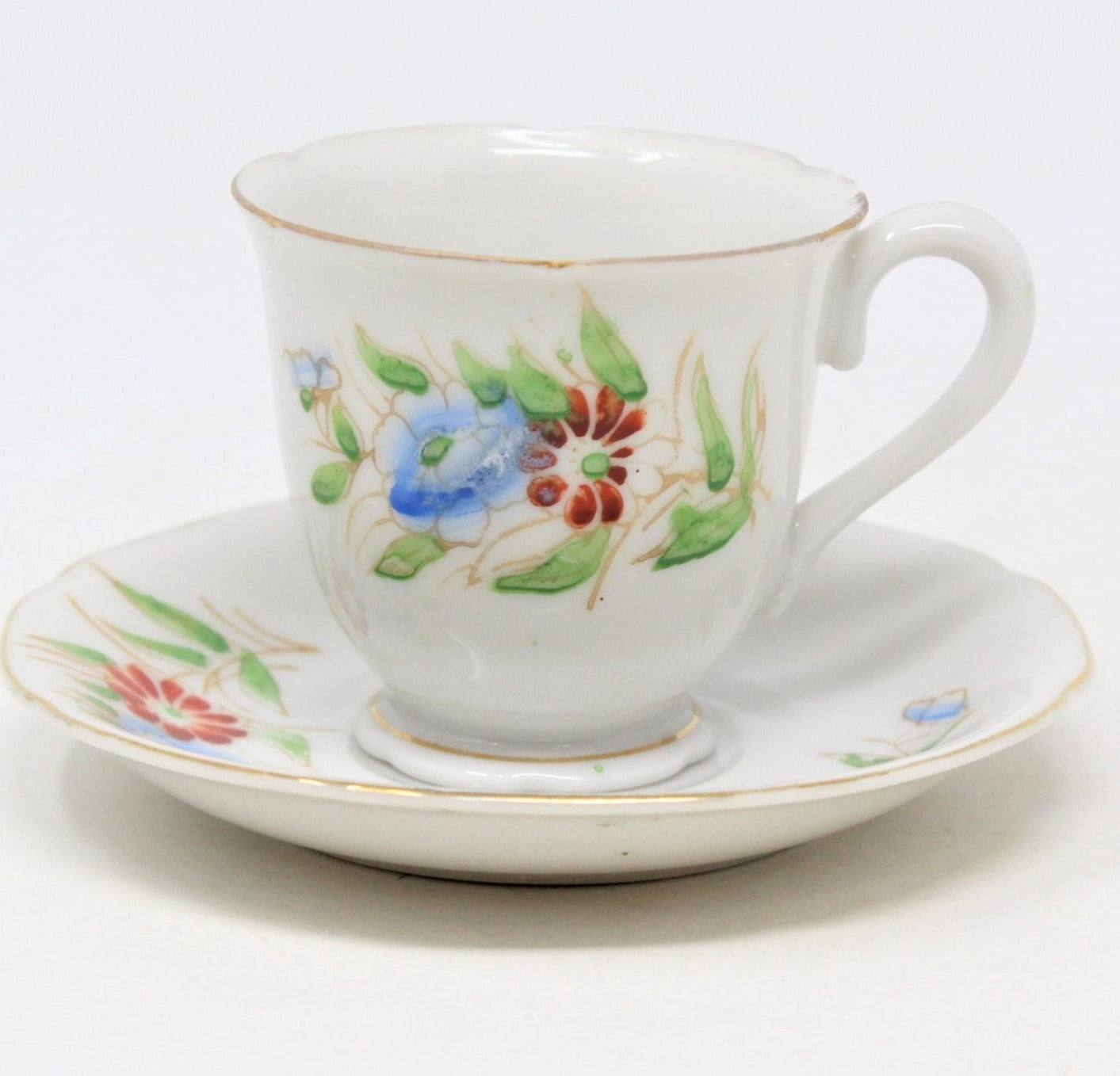 Demitasse & Saucer, Hand Painted Floral, Red & Blue, Japan, Vintage