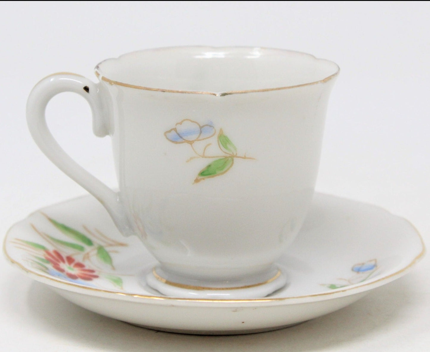 Demitasse & Saucer, Hand Painted Floral, Red & Blue, Japan, Vintage