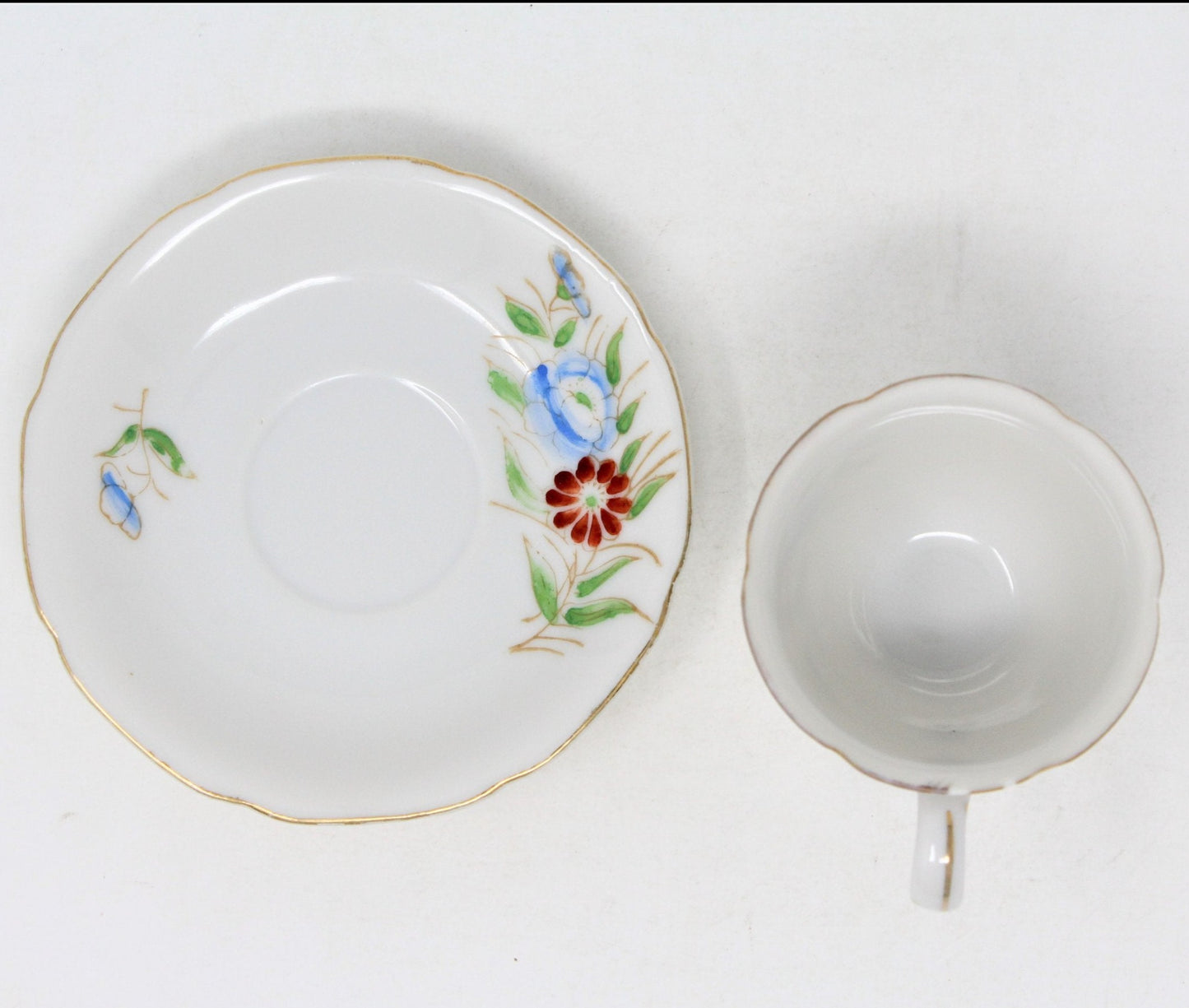 Demitasse & Saucer, Hand Painted Floral, Red & Blue, Japan, Vintage