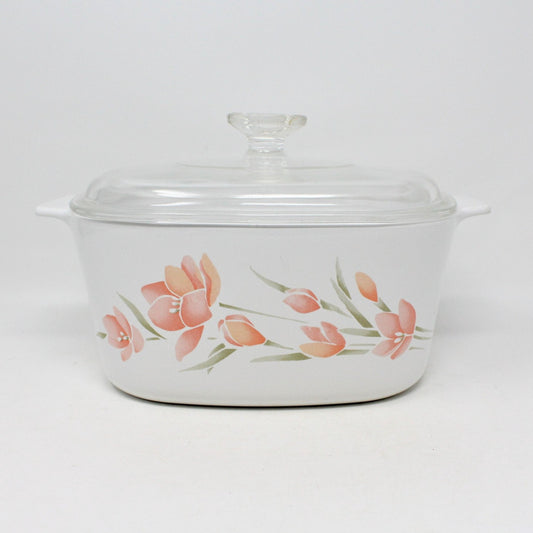 Casserole w/Lid, Corning, Peach Floral, 3 LT, Vintage