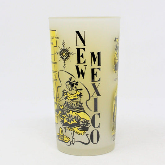 Tumbler: Hazel Atlas State Map Souvenir Glass, New Mexico, Gay Fad, Yellow & Black Frosted, USA, Vintage 1950s - SOLD