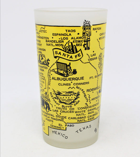 Tumbler: Hazel Atlas State Map Souvenir Glass, New Mexico, Gay Fad, Yellow & Black Frosted, USA, Vintage 1950s - SOLD