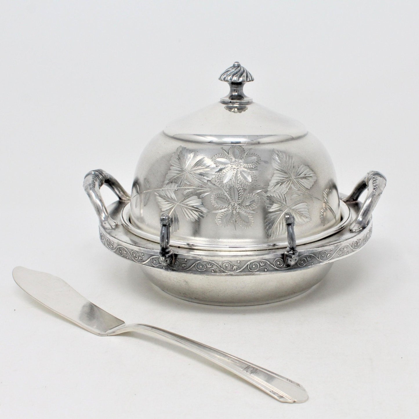 Butter Dish with Spreader, C.E. Barker, Etched Quadruple SilverPlate, Antique