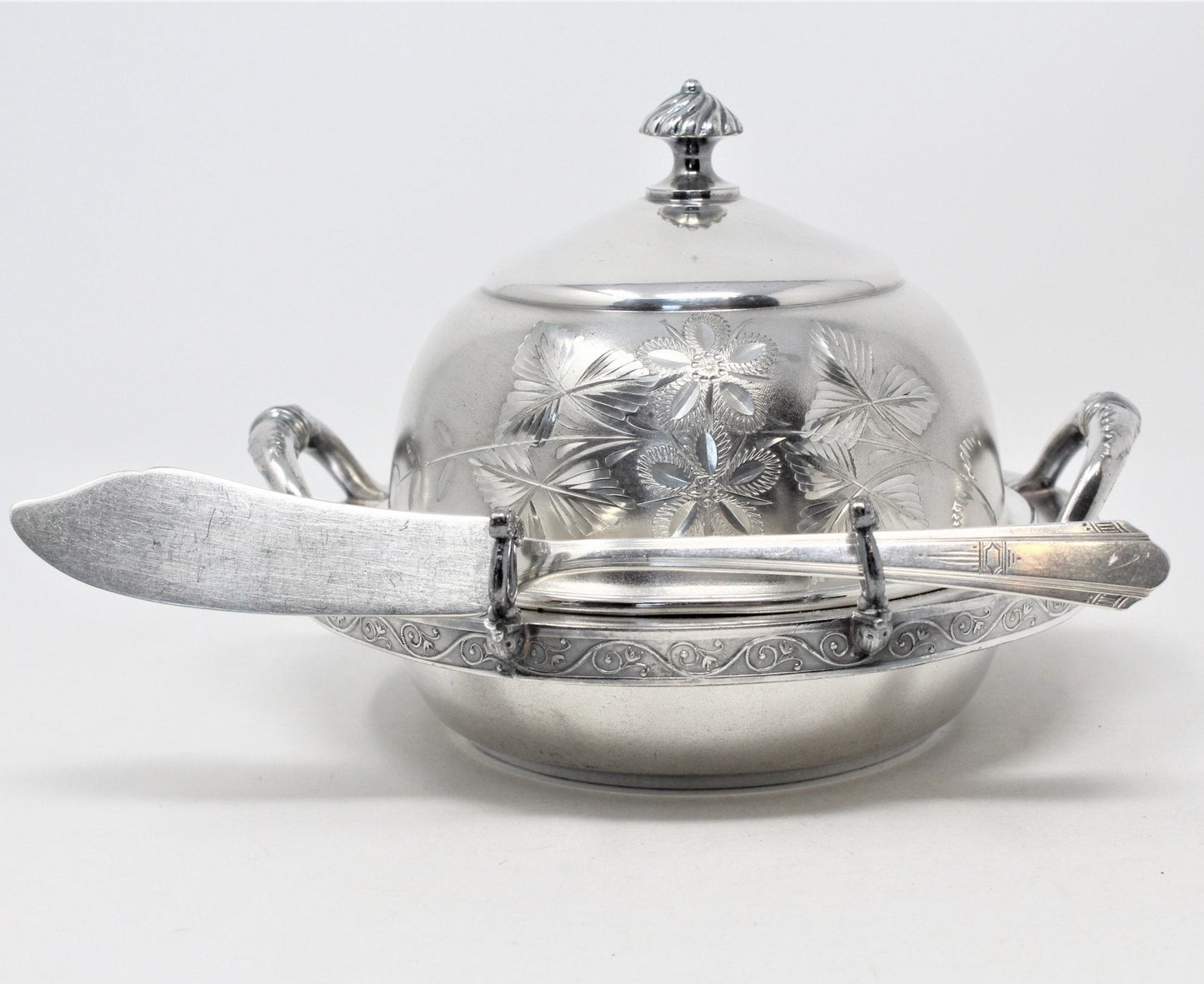 Butter Dish with Spreader, C.E. Barker, Etched Quadruple SilverPlate, Antique