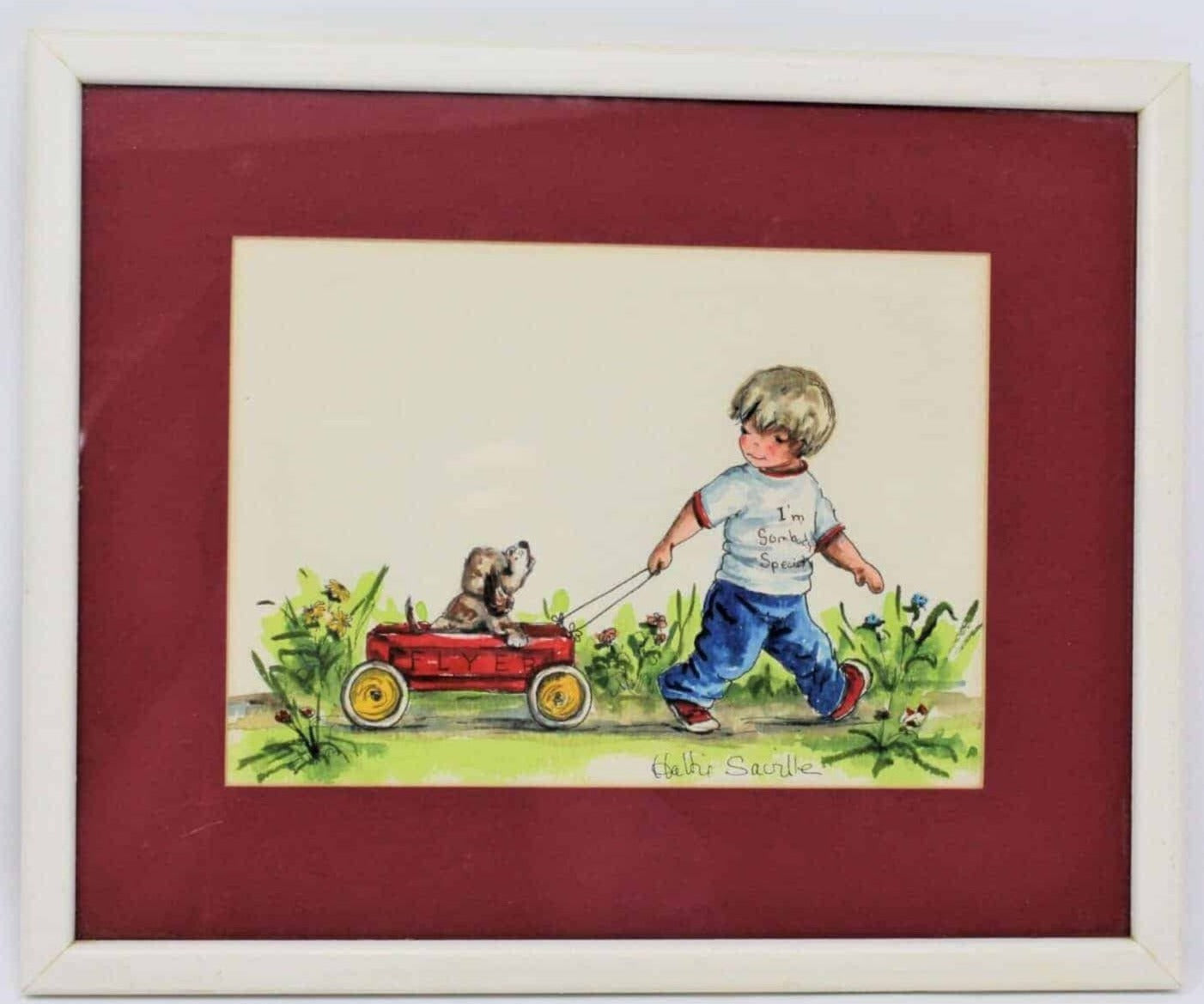 Painting Original Watercolor, Hattie Saville, Red Wagon for Somebody Special Signed, Framed