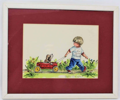 Painting Original Watercolor, Hattie Saville, Red Wagon for Somebody Special Signed, Framed