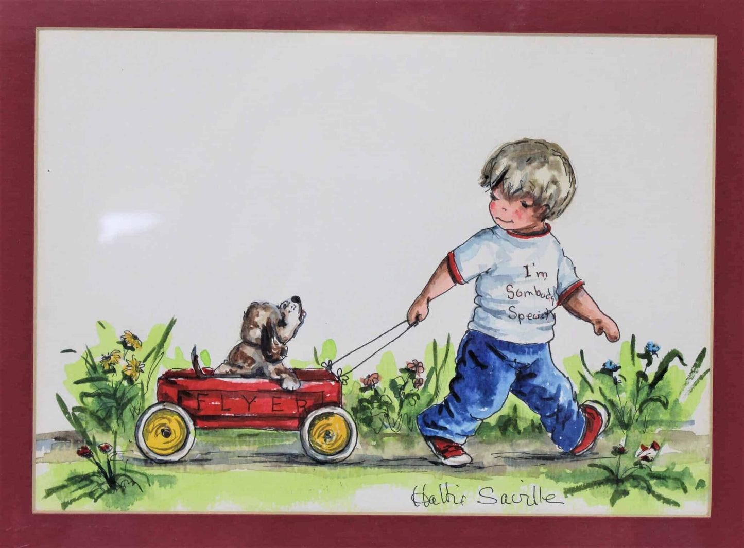 Painting Original Watercolor, Hattie Saville, Red Wagon for Somebody Special Signed, Framed