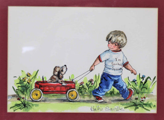 Painting Original Watercolor, Hattie Saville, Red Wagon for Somebody Special Signed, Framed
