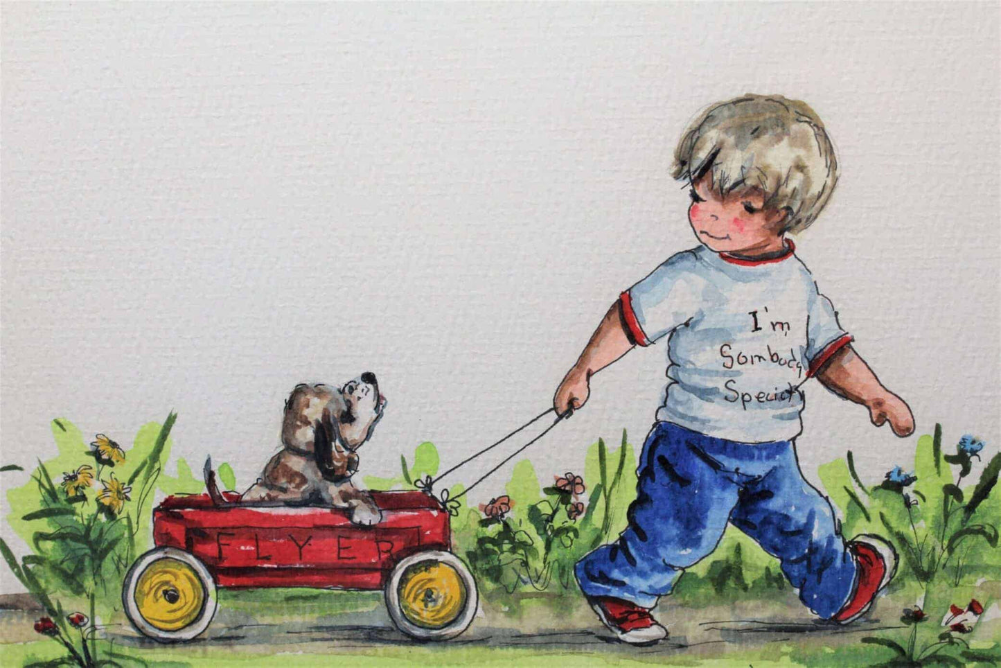 Painting Original Watercolor, Hattie Saville, Red Wagon for Somebody Special Signed, Framed
