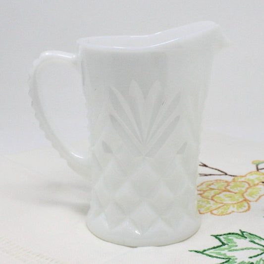 Milk Pitcher / Creamer, Anchor Hocking, Prescut Pineapple, Milk Glass, Vintage