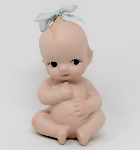 Figurine, Kewpie Baby, Vintage Bisque Porcelain, Blue Wings & Hair Ribbon