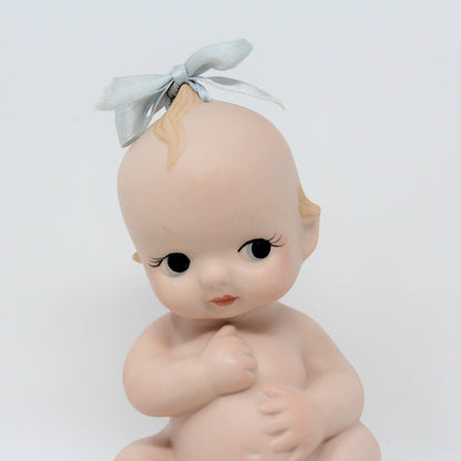 Figurine, Kewpie Baby, Vintage Bisque Porcelain, Blue Wings & Hair Ribbon