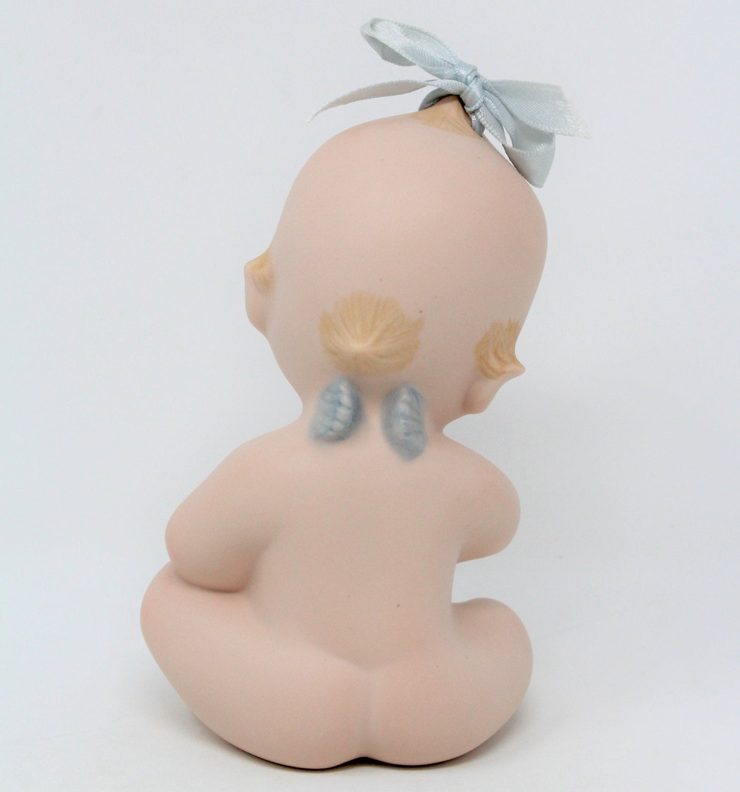 Figurine, Kewpie Baby, Vintage Bisque Porcelain, Blue Wings & Hair Ribbon