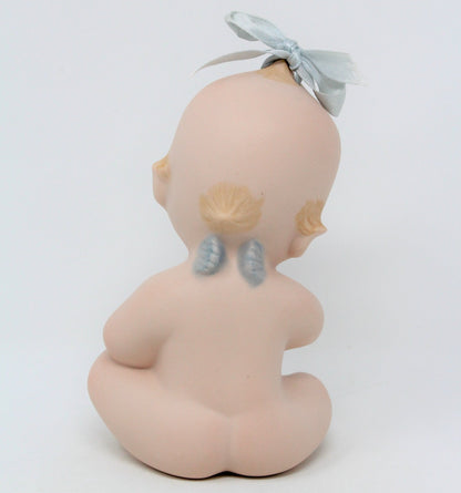 Figurine, Kewpie Baby, Vintage Bisque Porcelain, Blue Wings & Hair Ribbon