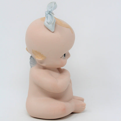 Figurine, Kewpie Baby, Vintage Bisque Porcelain, Blue Wings & Hair Ribbon