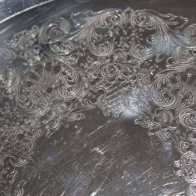 Tray, Wm Rogers, Silverplate, Spring Flower 172, Reticulated & Etched, 15" Round, Vintage