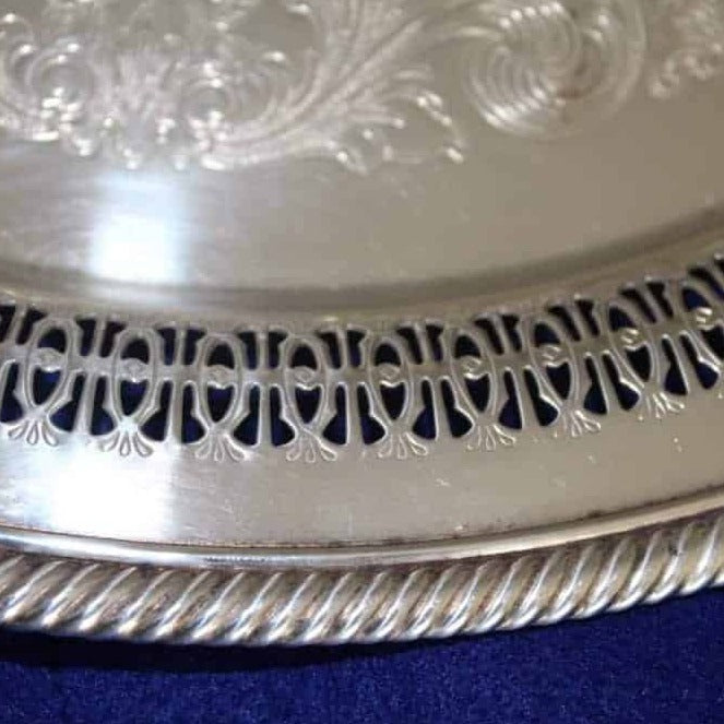 Tray, Wm Rogers, Silverplate, Spring Flower 172, Reticulated & Etched, 15" Round, Vintage