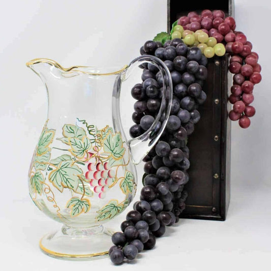 Pitcher, Crystal, Hand Painted Grapes, Footed, Romania