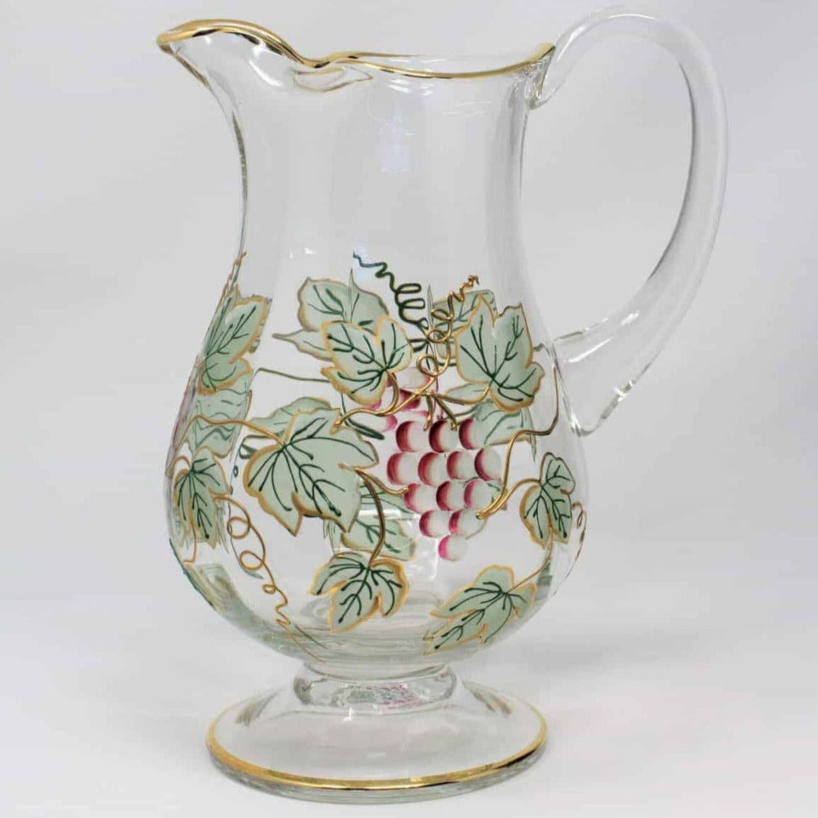 Pitcher, Crystal, Hand Painted Grapes, Footed, Romania