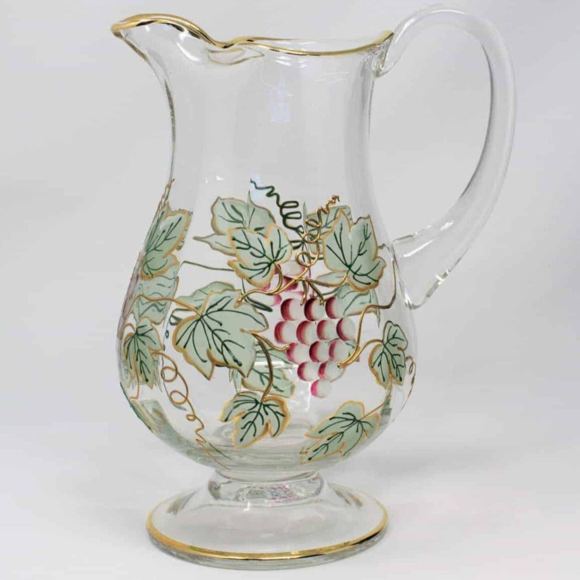 Pitcher, Crystal, Hand Painted Grapes, Footed, Romania, SOLD