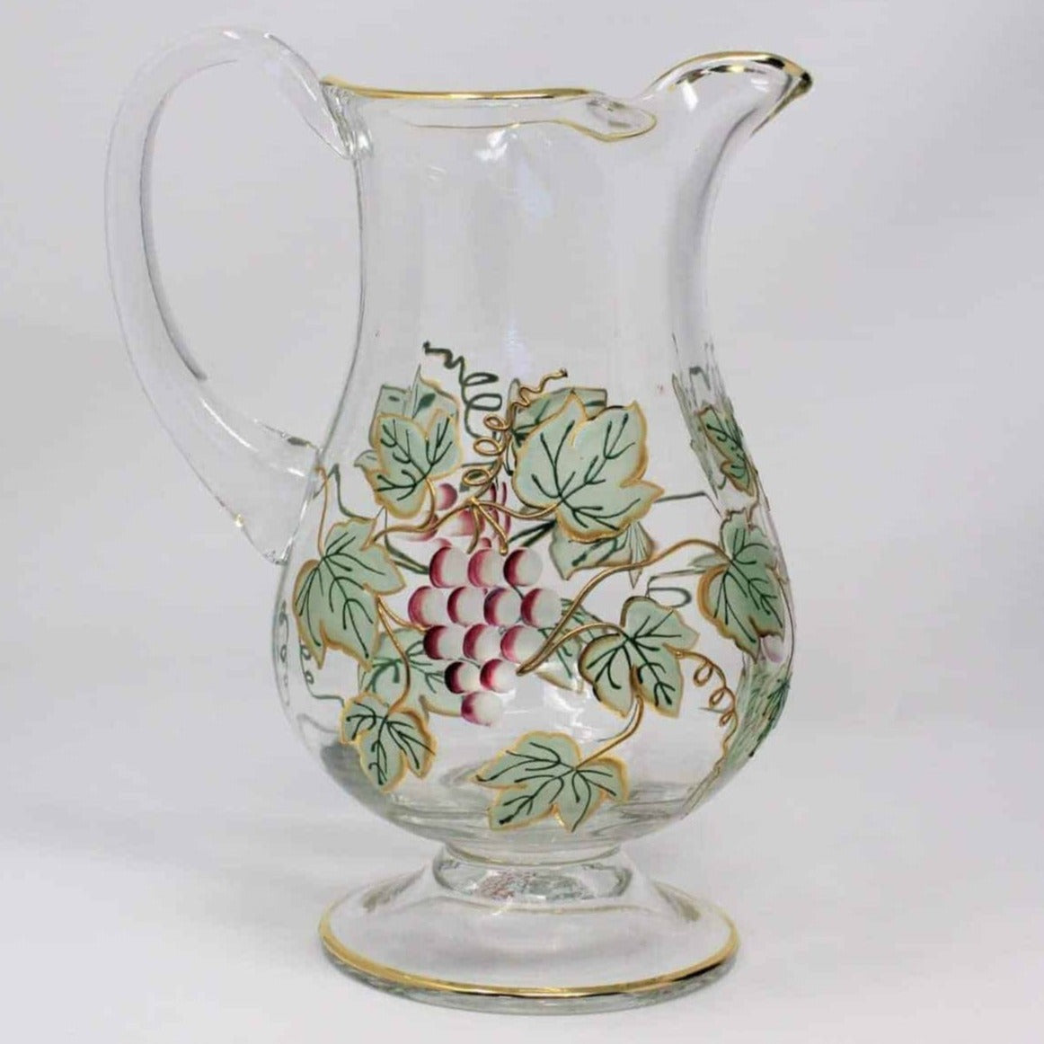 Pitcher, Crystal, Hand Painted Grapes, Footed, Romania, SOLD