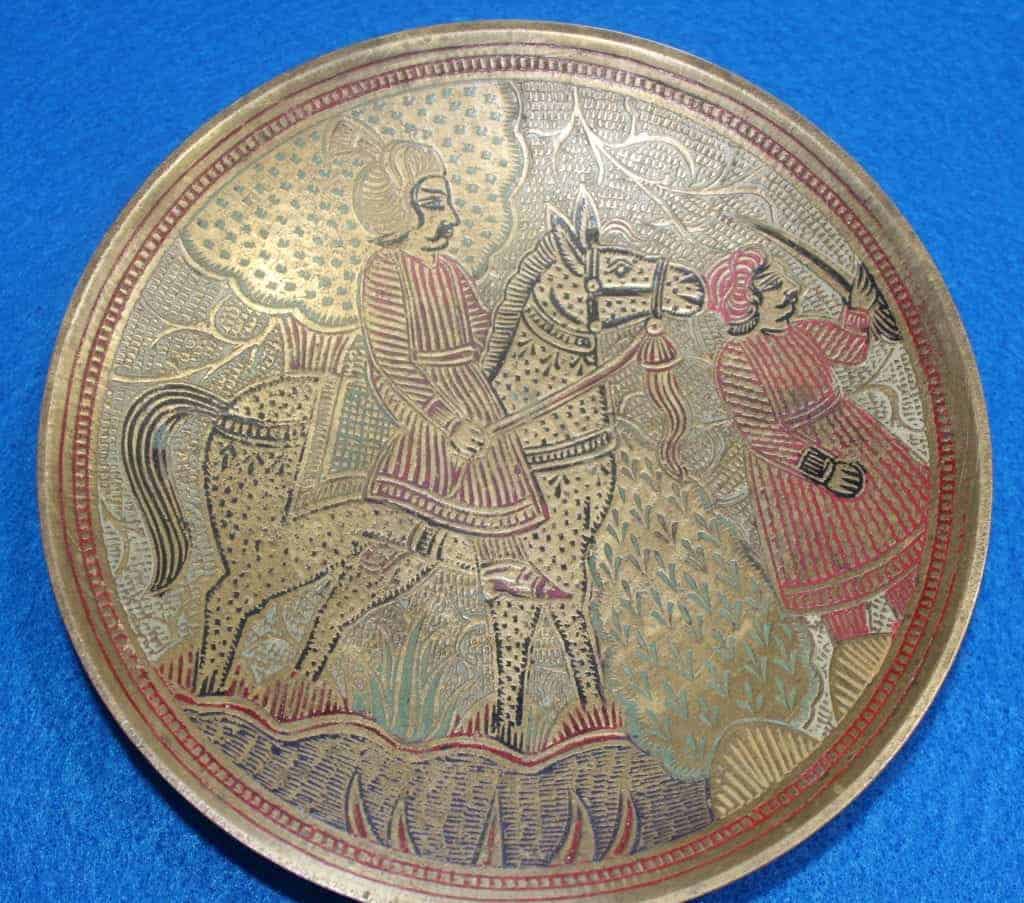 Decorative Plate, Hand Carved Brass, Soldier on Horseback, India, Vintage