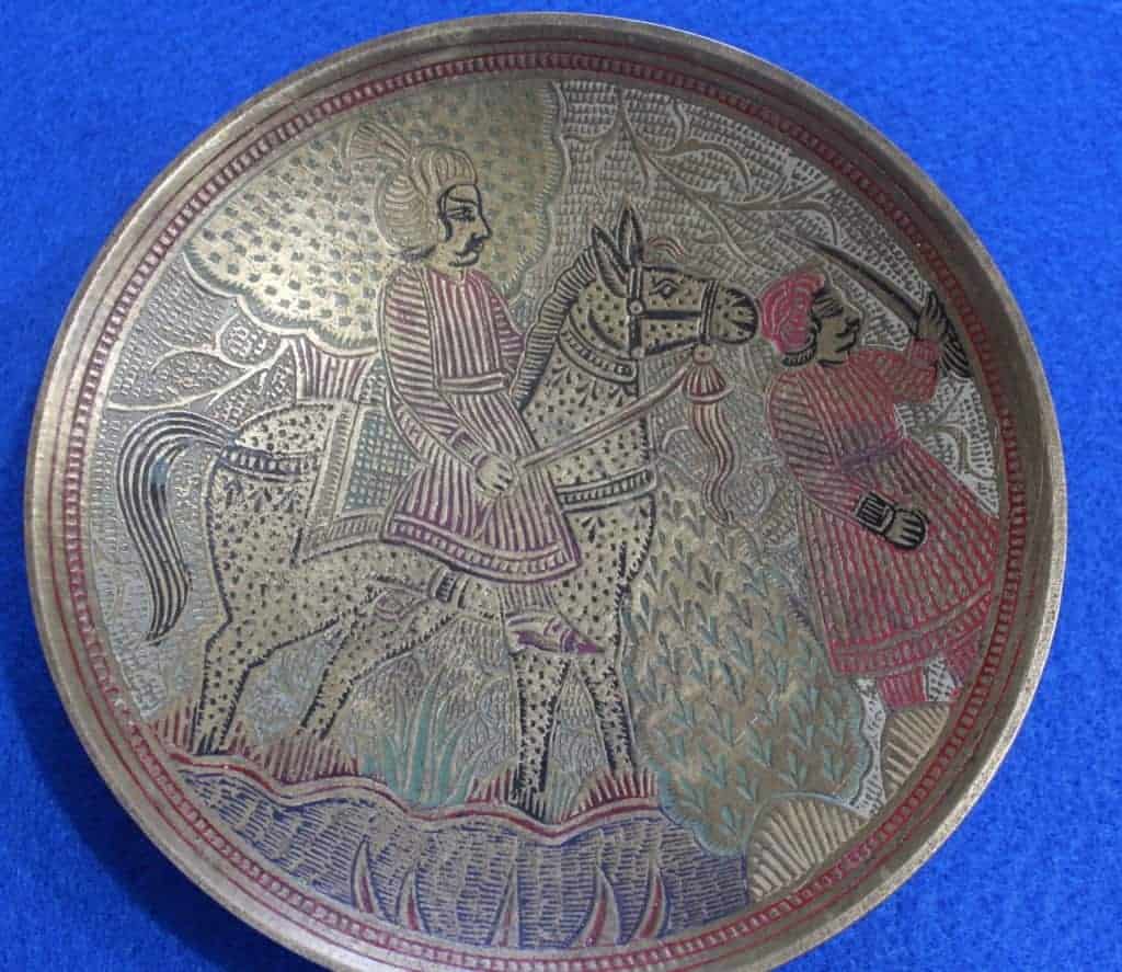 Decorative Plate, Hand Carved Brass, Soldier on Horseback, India, Vintage