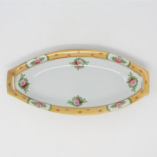 Celery Dish, Nippon, Hand Painted, Pink Roses Yellow Border, Vintage