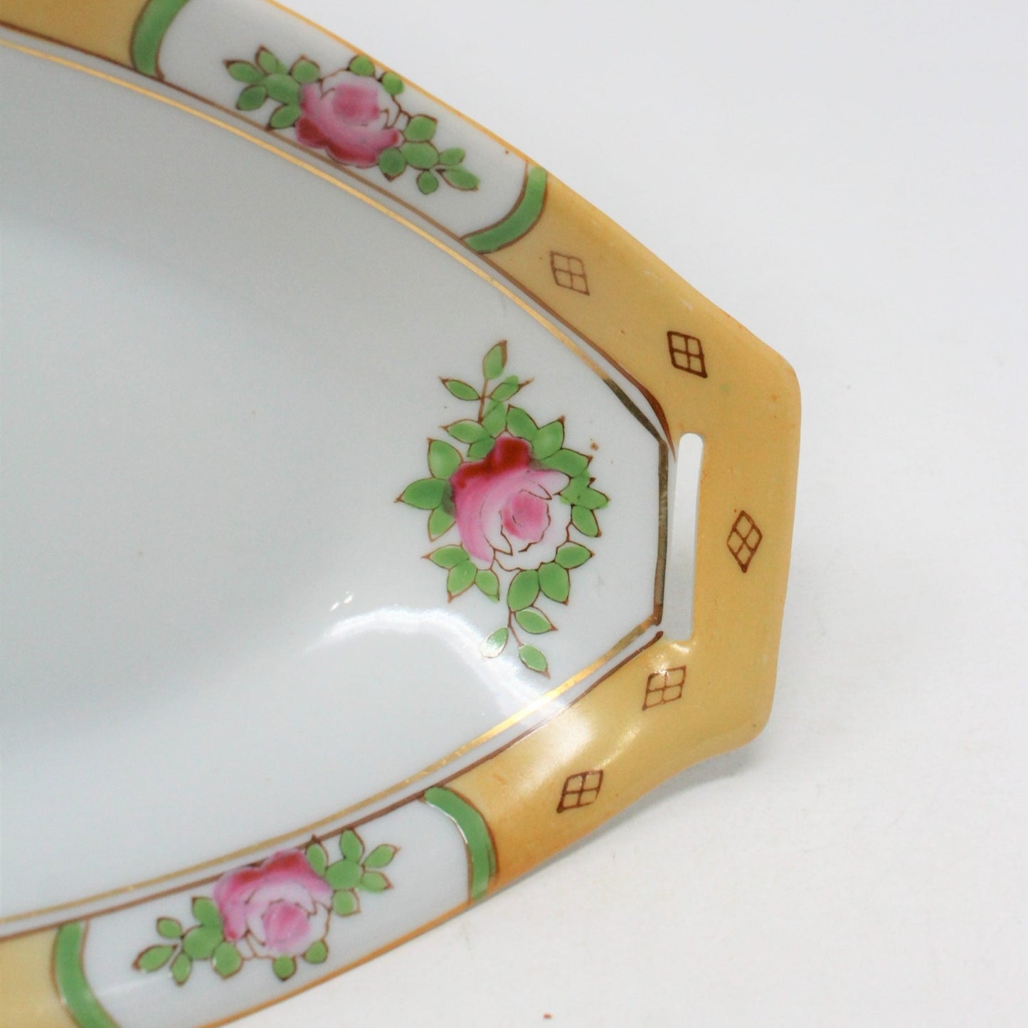 Celery Dish, Nippon, Hand Painted, Pink Roses Yellow Border, Vintage