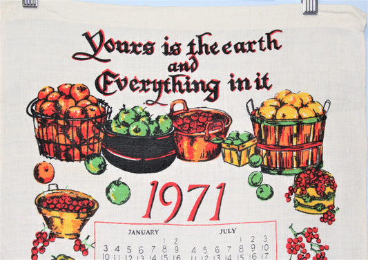 Calendar Tea Towel, 1971, Yours is the Earth..., Fruits & Vegetables, Vintage Linen, SOLD