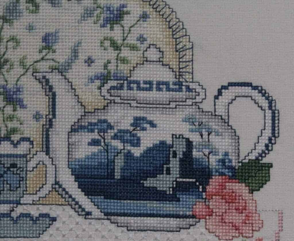 Needlework, Completed Cross-Stitch, Tea Time, Framed, Vintage