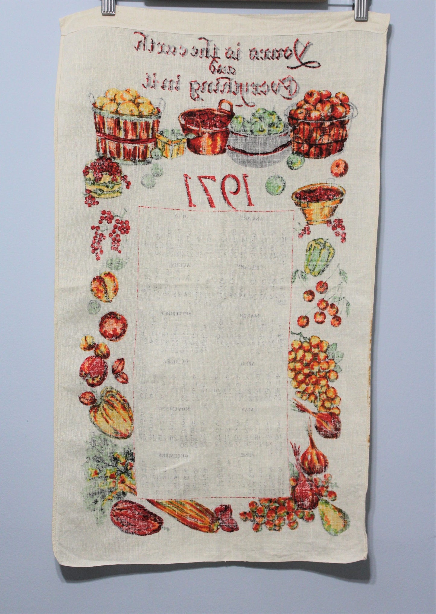 Calendar Tea Towel, 1971, Yours is the Earth..., Fruits & Vegetables, Vintage Linen, SOLD